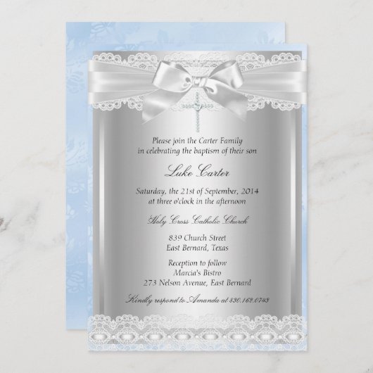Blue Lace & Cross Baptism/Christening Invitation Kaart (Voorkant / Achterkant)