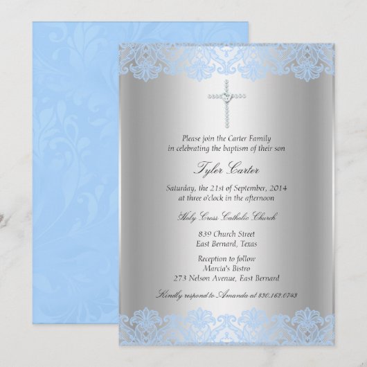 Blue Lace Cross Baptism/Christening Invitation Kaart (Voorkant / Achterkant)