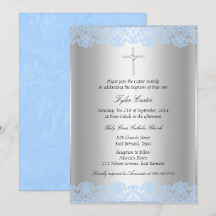 Blue Lace Cross Baptism/Christening Invitation Kaart