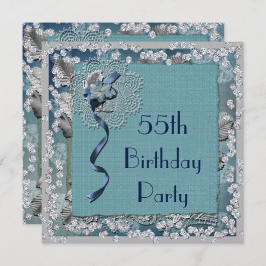 Blue Lace & Diamonds 55th Birthday Kaart (Voorkant / Achterkant)