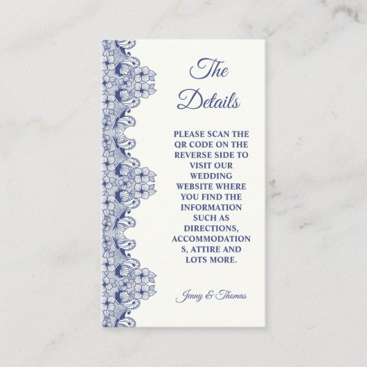 Blue Lace Elegant Wedding Details KAART Visitekaartje (Voorkant)