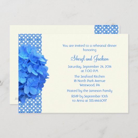 Blue Lace en Hydrangeas Rehearsal Dinner Kaart (Voorkant / Achterkant)