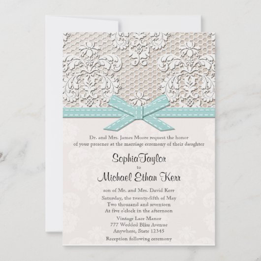 Blue  Lace en Pearls Glamor Wedding Kaart (Voorkant)