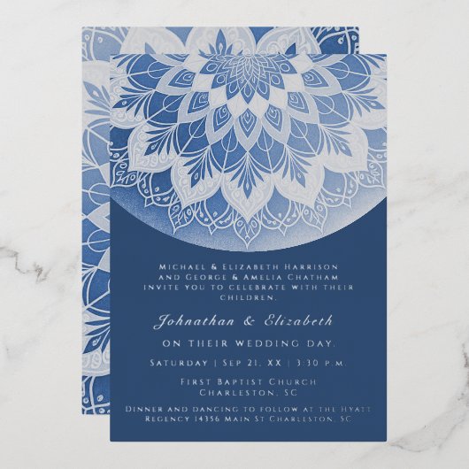 Blue Lace Mandala Wedding Folie Uitnodiging (Voorkant / Achterkant)