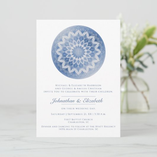 Blue Lace Mandala Wedding Kaart (Staand voorkant)