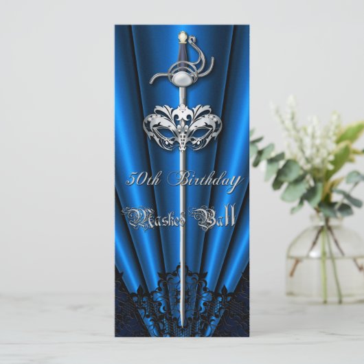 Blue Lace Masquerade Silver 50th Birthday Kaart (Staand voorkant)