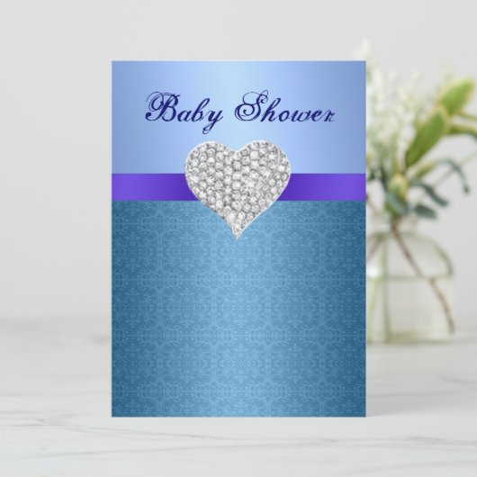 Blue Lace Pattern Diamond Heart Baby shower Invite Kaart (Staand voorkant)