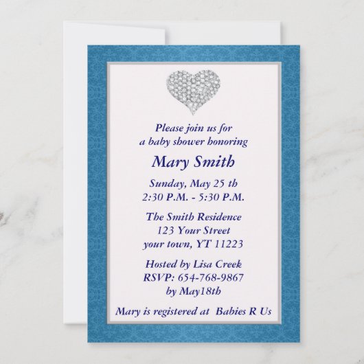 Blue Lace Pattern Diamond Heart Baby shower Invite Kaart (Achterkant)