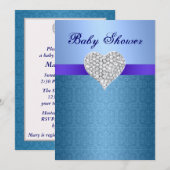 Blue Lace Pattern Diamond Heart Baby shower Invite Kaart (Voorkant / Achterkant)
