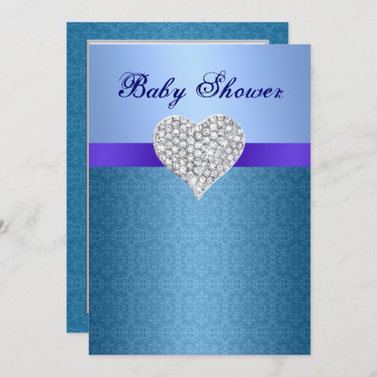 Blue Lace Pattern Diamond Heart Baby shower Invite Kaart (Voorkant / Achterkant)