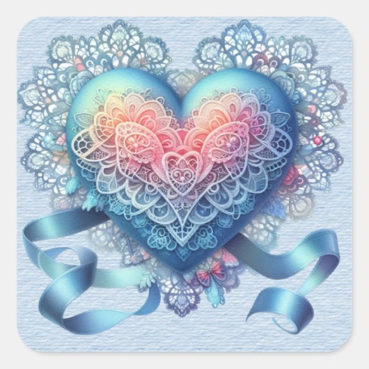Blue Lace Ribbons Valentijn Heart Vierkante Sticker (Voorkant)