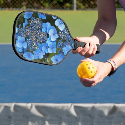 Blue Lacecap Hydrangea Floral Pickleball Paddle (Insitu)