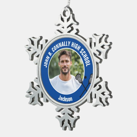 Blue Lacrosse Player Photo High School Spirit Tin Sneeuwvlok Ornament (Rechts)