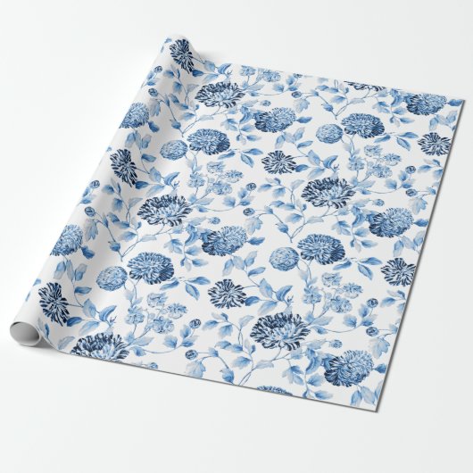 Blue Lady Modern  Floral Toile White Cadeaupapier (Uitgerold)