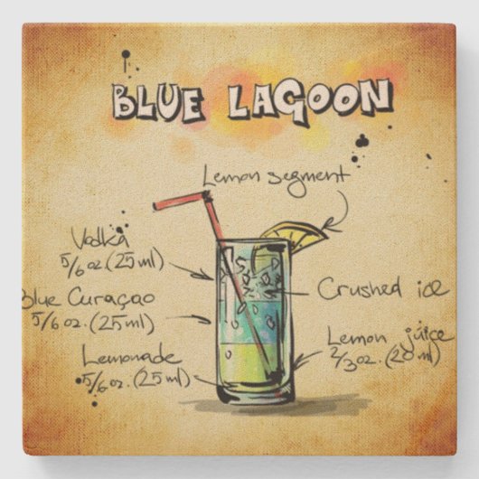 Blue Lagoon Bartender Drink Recipe Stenen Onderzetter (Voorkant)