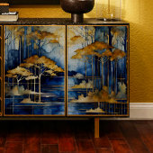 Blue Lake Gold Trees Decoupage tissuepapier