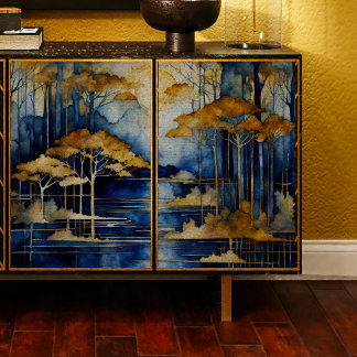 Blue Lake Gold Trees Decoupage tissuepapier