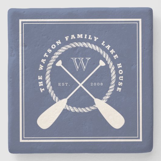 Blue Lake House Monogram Crossed Paddles Stenen Onderzetter (Voorkant)