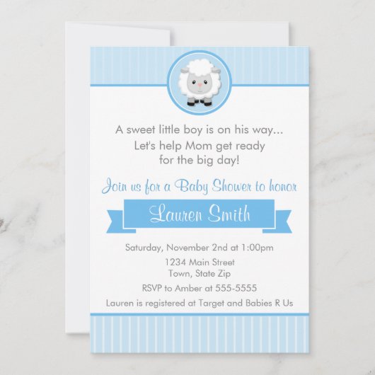 Blue Lamb Boy Baby shower Invitation 5x7 Card Kaart (Voorkant)