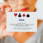 Blue Las Vegas Casino Kaart Suits Bruiloft Details<br><div class="desc">Verbluf uw gasten door ze deze fantastische marineblauw,  wit en rood poker speelkaart te sturen,  past bij details bijsluiterkaart samen met hun uitnodiging. Ze zullen de informatie hebben die ze nodig hebben om hun reis te boeken en staan te wachten op deze zeker leuke bruiloft!</div>