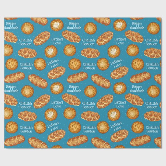 Blue Latkes and Challah Bread Hanukkah Pattern Cadeaupapier (Vlak)