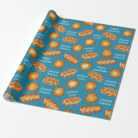 Blue Latkes and Challah Bread Hanukkah Pattern Cadeaupapier (Uitgerold)