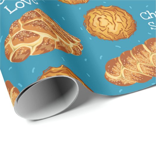 Blue Latkes and Challah Bread Hanukkah Pattern Cadeaupapier (Rol Hoek)