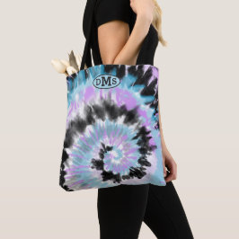 Blue Lavender Black Tie Dye Abstract Monogram Tote Bag