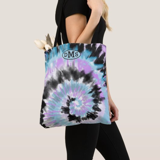 Blue Lavender Black Tie Dye Abstract Monogram Tote Bag (Dichtbij)
