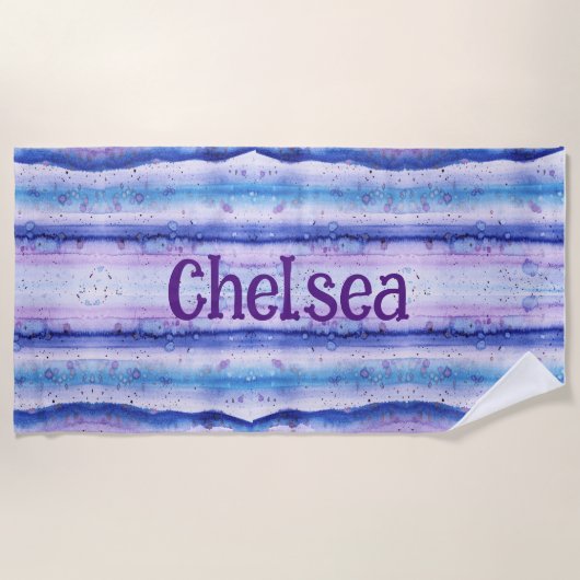 Blue Lavender White Waterverf Streaks-Monogrammed Strandlaken (Voorkant)