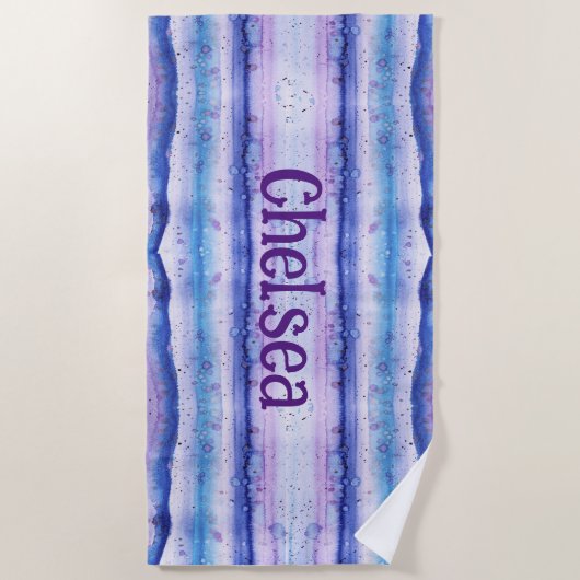 Blue Lavender White Waterverf Streaks-Monogrammed Strandlaken (Voorkant)