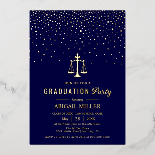 Blue Law school Class Of 2026 graduation confetti Folie Uitnodiging (Voorkant)