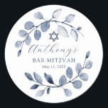 Blue Leaf Bar Mitzvah Ronde Sticker<br><div class="desc">Mooie handbeschilderde waterverf met een zachte blauw leaf en Star van David.</div>