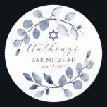 Blue Leaf Bar Mitzvah Ronde Sticker<br><div class="desc">Mooie handbeschilderde waterverf met een zachte blauw leaf en Star van David.</div>