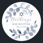 Blue Leaf Bar Mitzvah Ronde Sticker<br><div class="desc">Mooie handbeschilderde waterverf met een zachte blauw leaf en Star van David.</div>