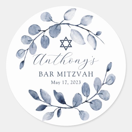 Blue Leaf Bar Mitzvah Ronde Sticker (Voorkant)