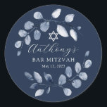 Blue Leaf Bar Mitzvah Ronde Sticker<br><div class="desc">Mooie handbeschilderde waterverf met een zachte blauw leaf en Star van David.</div>