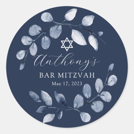 Blue Leaf Bar Mitzvah Ronde Sticker (Voorkant)