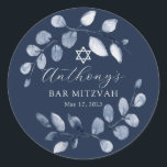 Blue Leaf Bar Mitzvah Ronde Sticker<br><div class="desc">Mooie handbeschilderde waterverf met een zachte blauw leaf en Star van David.</div>
