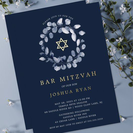 Blue Leaf Bat Mitsvah Folie Invitation Folie Uitnodiging