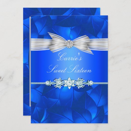 Blue Leaf & Bow Sweet Sixteen Invite Kaart (Voorkant / Achterkant)