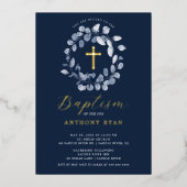 Blue Leaf Boys Baptism Folie Invitation Folie Uitnodiging (Voorkant)