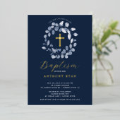 Blue Leaf Boys Baptism Folie Invitation Folie Uitnodiging (Staand Voorkant)