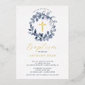 Blue Leaf Boys Baptism Folie Invitation Folie Uitnodiging (Voorkant)
