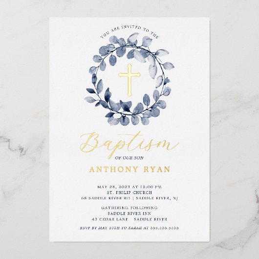 Blue Leaf Boys Baptism Folie Invitation Folie Uitnodiging (Voorkant)