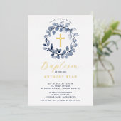 Blue Leaf Boys Baptism Folie Invitation Folie Uitnodiging (Staand Voorkant)