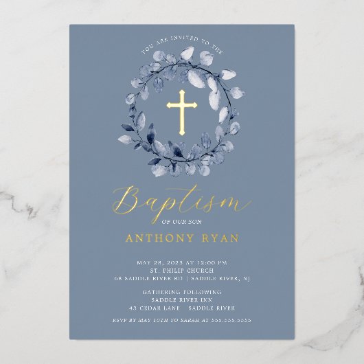 Blue Leaf Boys Baptism Folie Invitation Folie Uitnodiging (Voorkant)