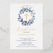 Blue Leaf Boys Baptism Folie Invitation Uitnodiging (Voorkant)