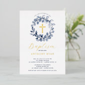 Blue Leaf Boys Baptism Folie Invitation Uitnodiging (Staand Voorkant)