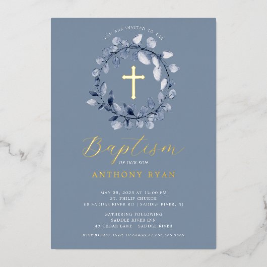 Blue Leaf Boys Baptism Folie Invitation Uitnodiging (Voorkant)